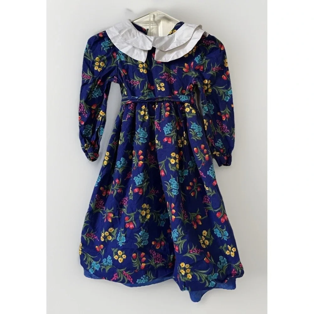 VTG 80s PLUM PUDDING Dress Girls 8 Blue Floral Holiday Cottage Tulle Lined